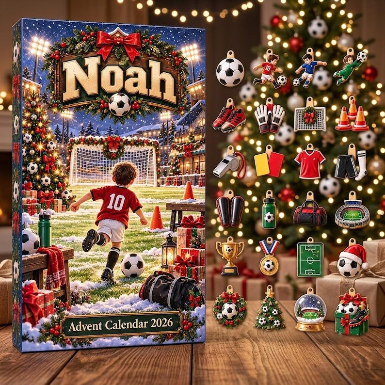 Personalized Soccer Advent Calendar 2026, 24 Football Charms, Custom Name Christmas Countdown Gift for Soccer Players