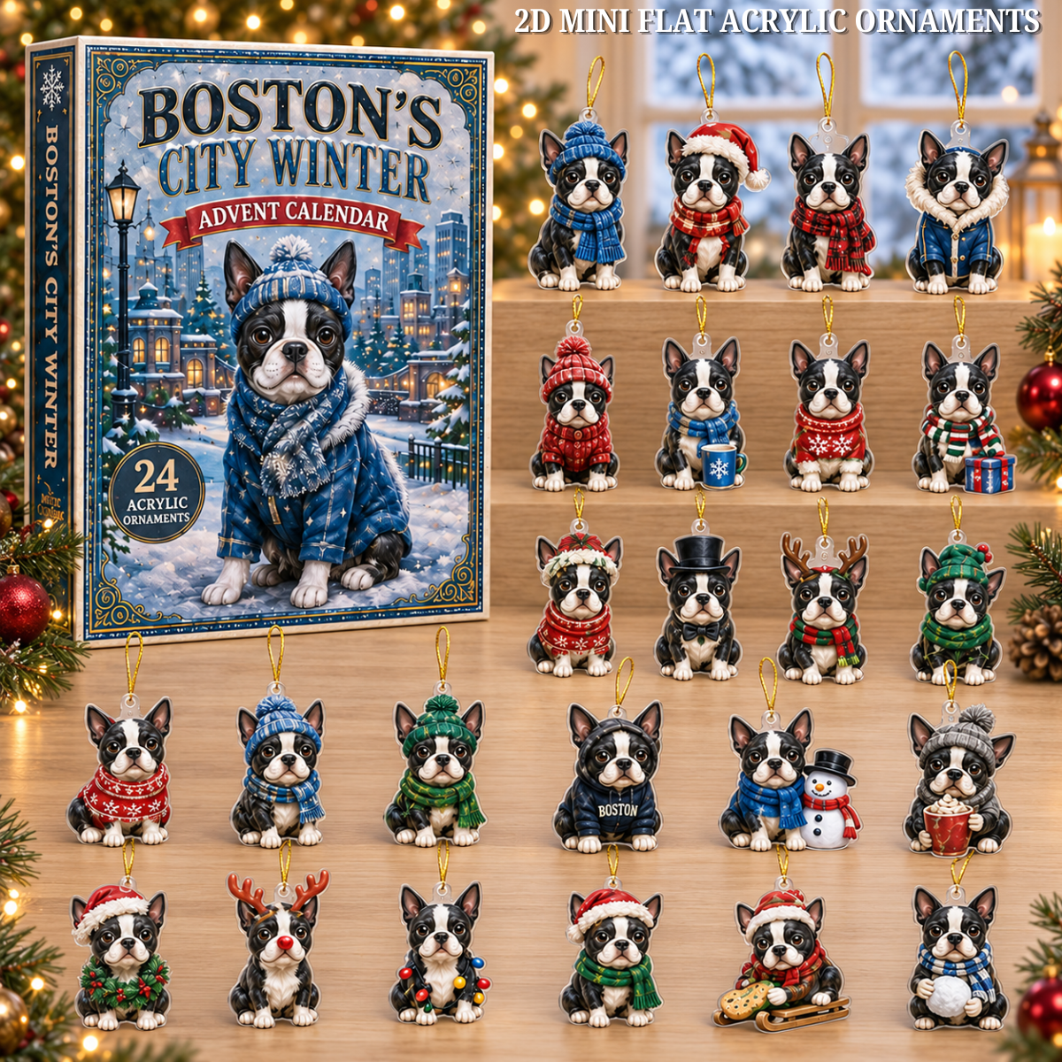 Boston's City Winter Advent Calendar 2026 - 24-Day Festive Countdown, Acrylic Charms Blind Box - Gift For Dog Lovers