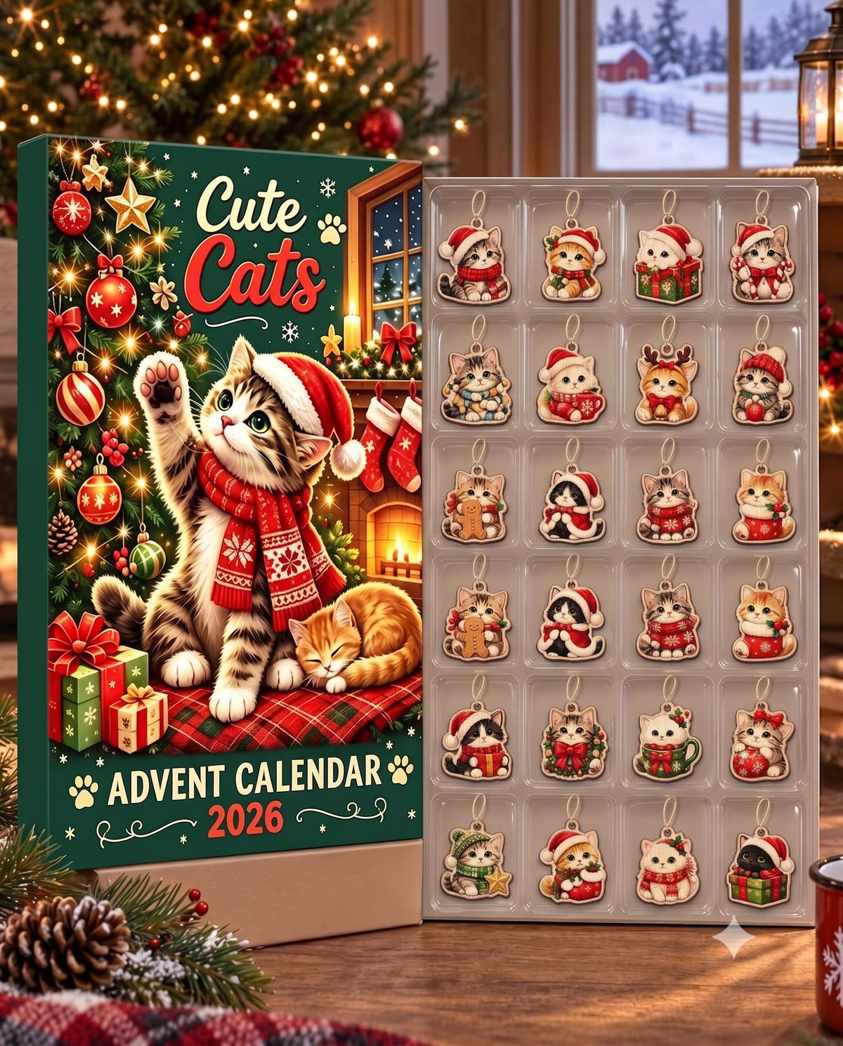 Cute Cat Christmas Advent Calendar 2026, 24 Days Holiday Countdown with Hanging Kitten Ornaments, Xmas Gift for Cat Lover