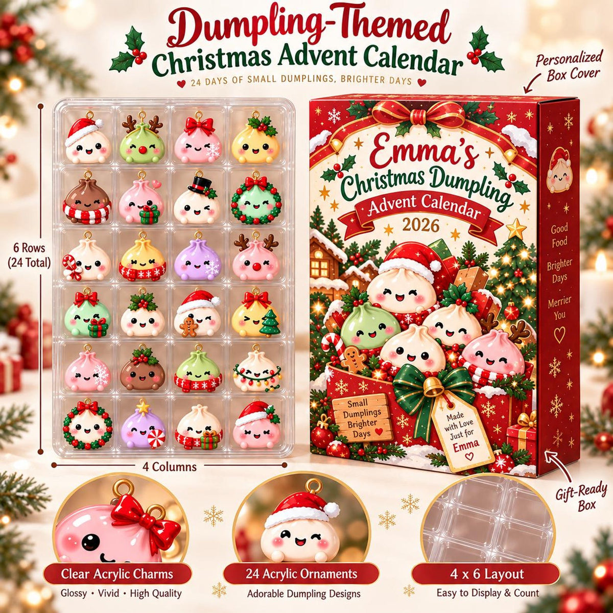 Personalized Christmas Dumpling Advent Calendar 2026, 24 Acrylic Dumpling Ornaments