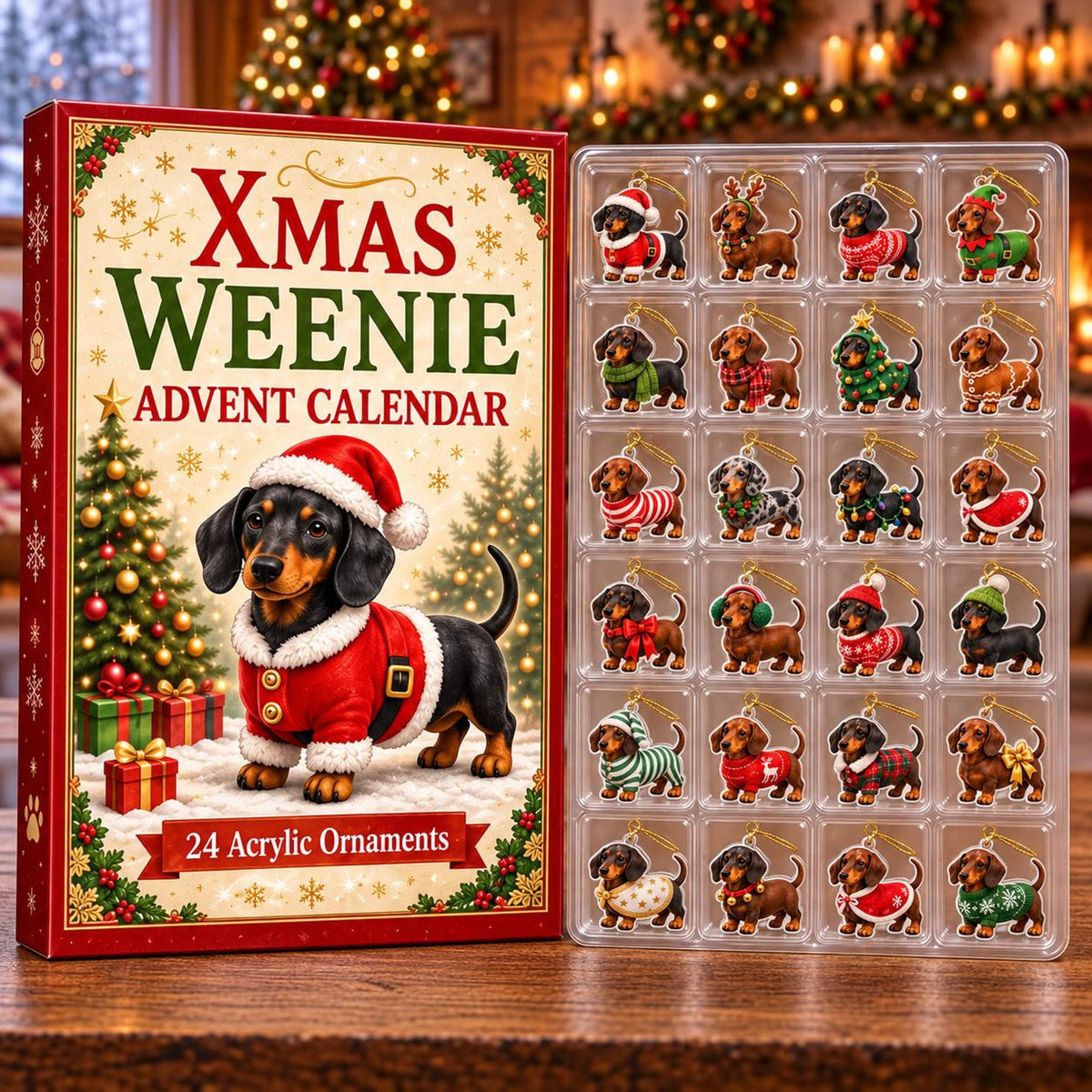 Dachshund Advent Calendar 2026, 24 Day Christmas Countdown, Flat Acrylic Wiener Dog Ornaments, Xmas Weenie Dog Holiday Gift for Dog Lovers