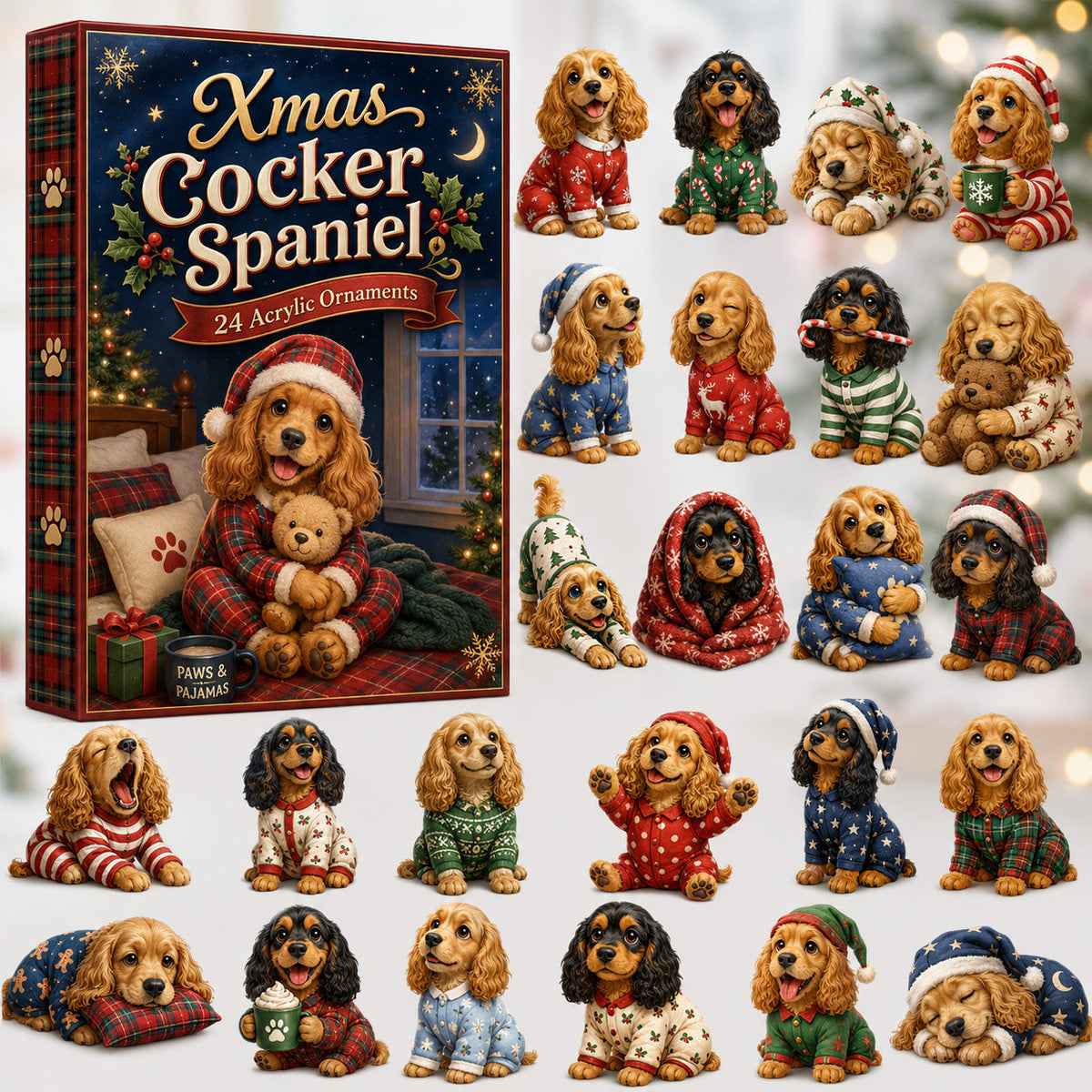 Cocker Spaniel Pajama Advent Calendar 2026 - 24-Day Festive Countdown, Acrylic Charms Blind Box - Gift For Cocker Spaniel Lovers