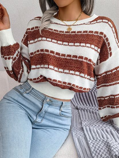 Fashion Color Block Long Sleeve Cropped Knit Sweater