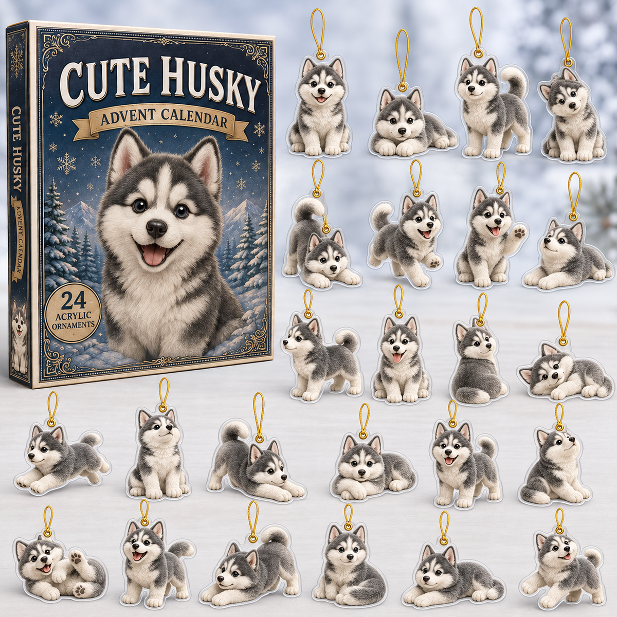 Cute Husky Advent Calendar 2026 - 24-Day Festive Countdown, Acrylic Charms Blind Box - Gift For Dog Lovers