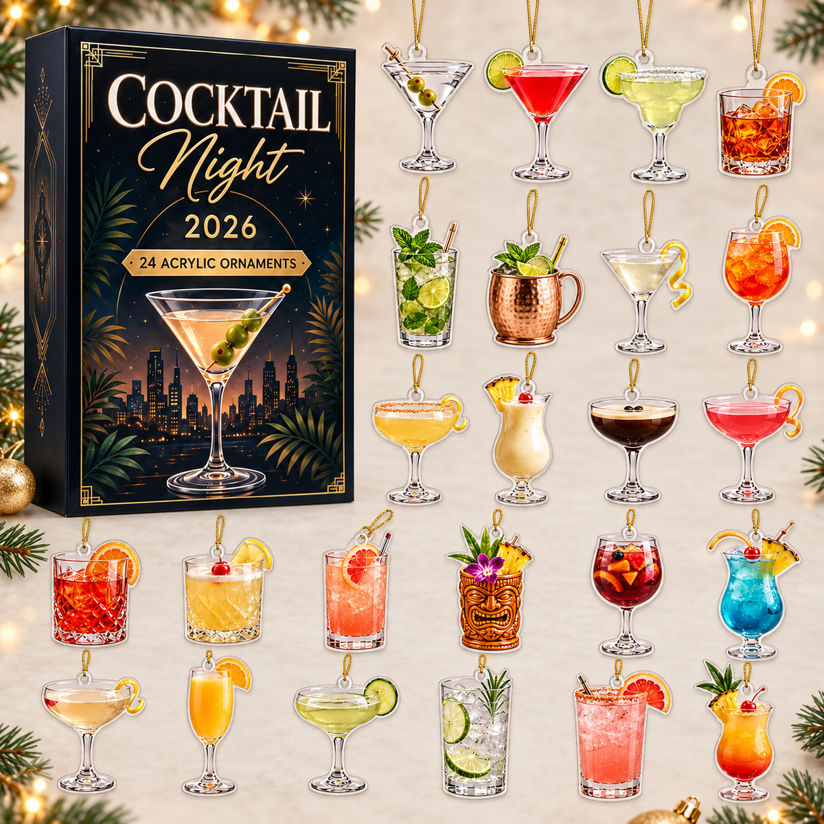 Cocktail Night Advent Calendar 2026 - 24-Day Festive Countdown, Acrylic Charms Blind Box - Gift For Cocktail Lovers