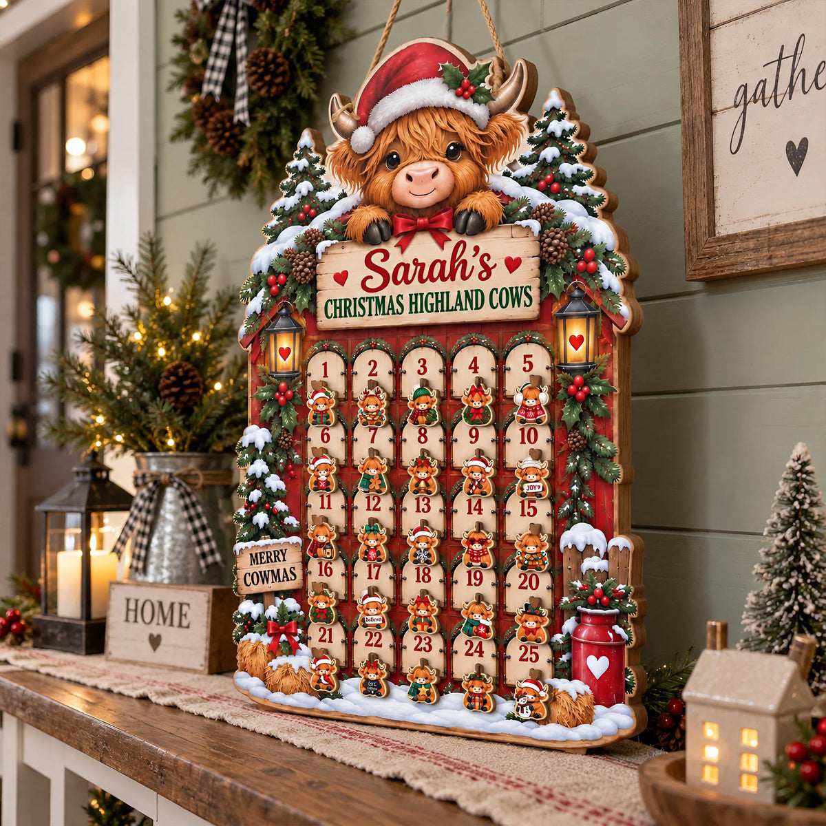 Personalized Highland Cow Wooden Advent Calendar: Custom Name, Hanging Ornaments