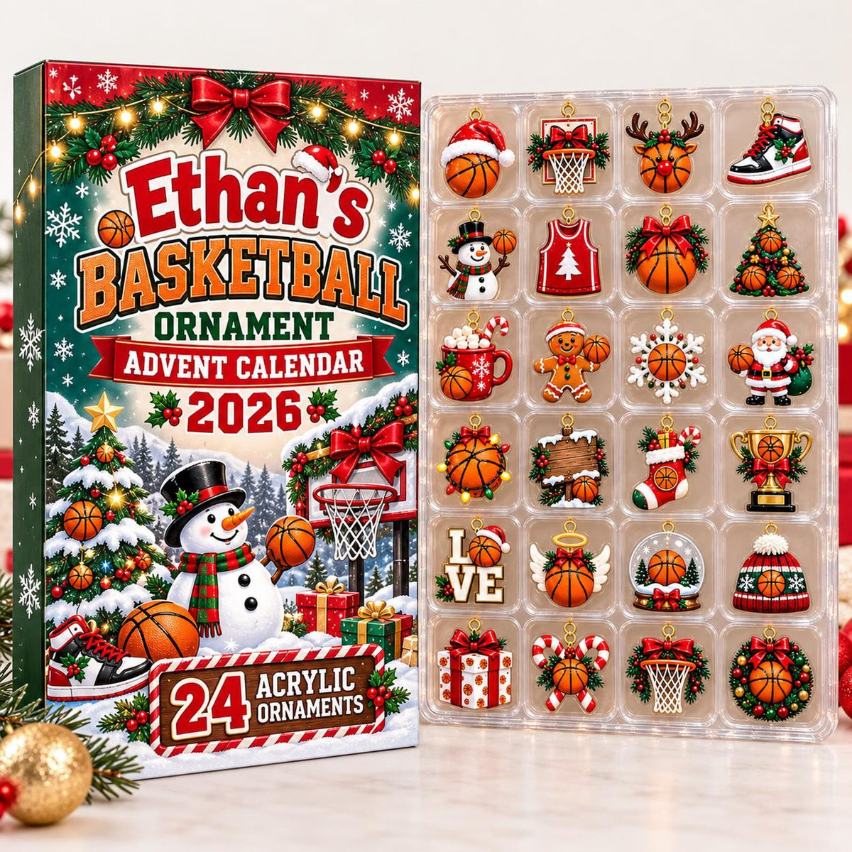 Basketball Advent Calendar 2026, Christmas Countdown Box, 24 Basketball Charms, Personalized Sports Holiday Keepsake, Basketball Player Gift John