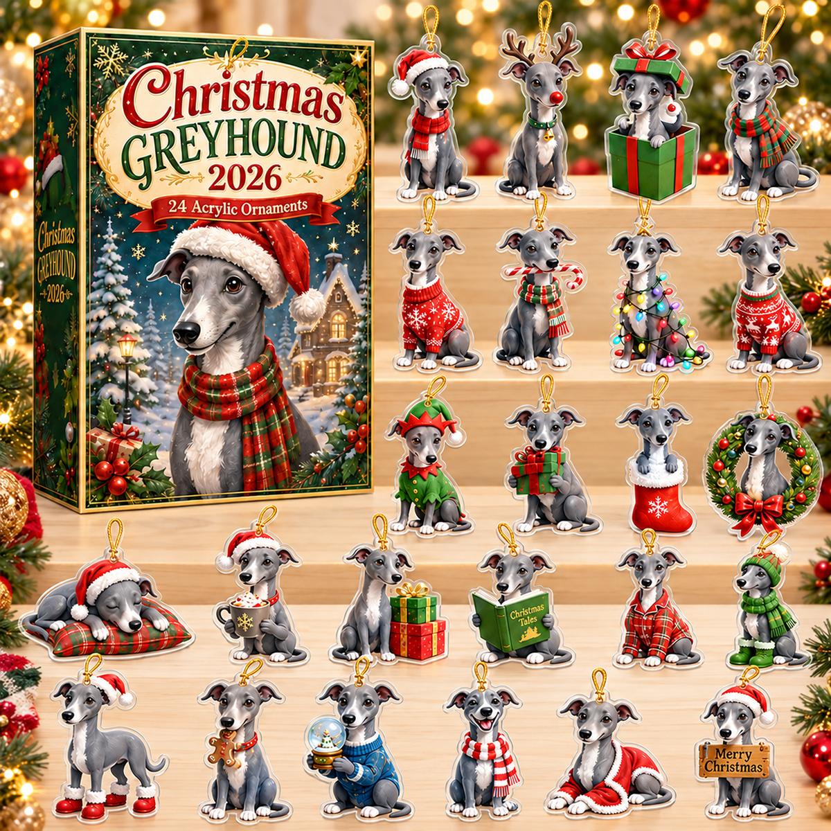 Christmas Greyhound Advent Calendar 2026 - 24-Day Festive Countdown, Acrylic Charms Blind Box - Gift For Greyhound Lovers