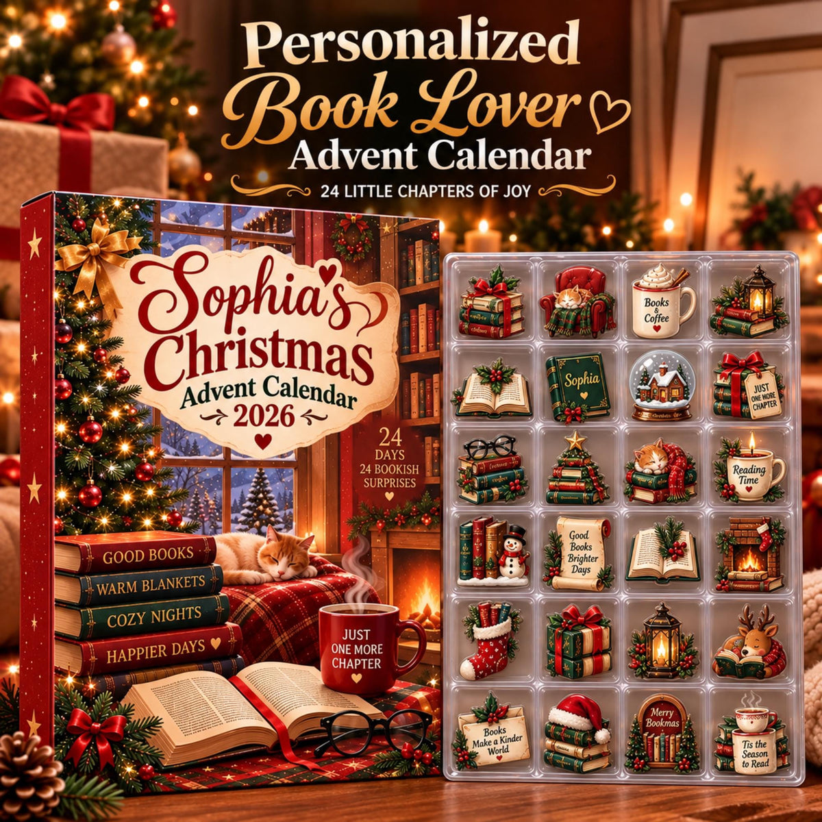 Personalized Book Lover Advent Calendar, Custom Name, 24 Bookish Acrylic Charms, Christmas Countdown for Book Lovers 2026