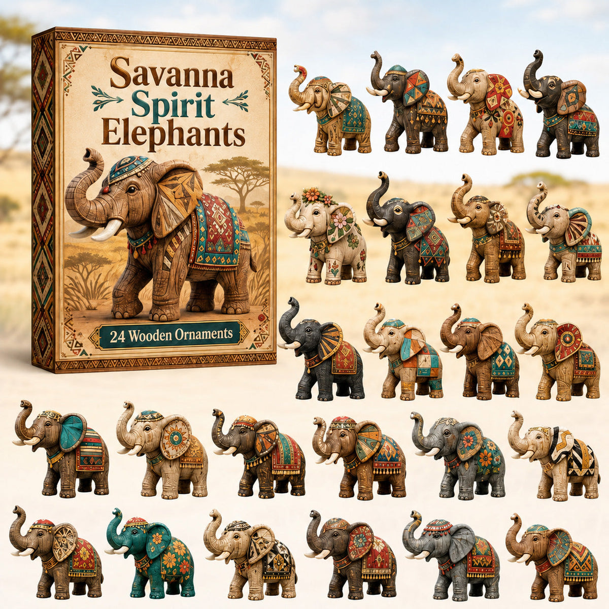Savanna Spirit Elephants Advent Calendar 2026 - 24-Day Festive Countdown, Wooden Charms Blind Box - Gift For Elephant Lovers