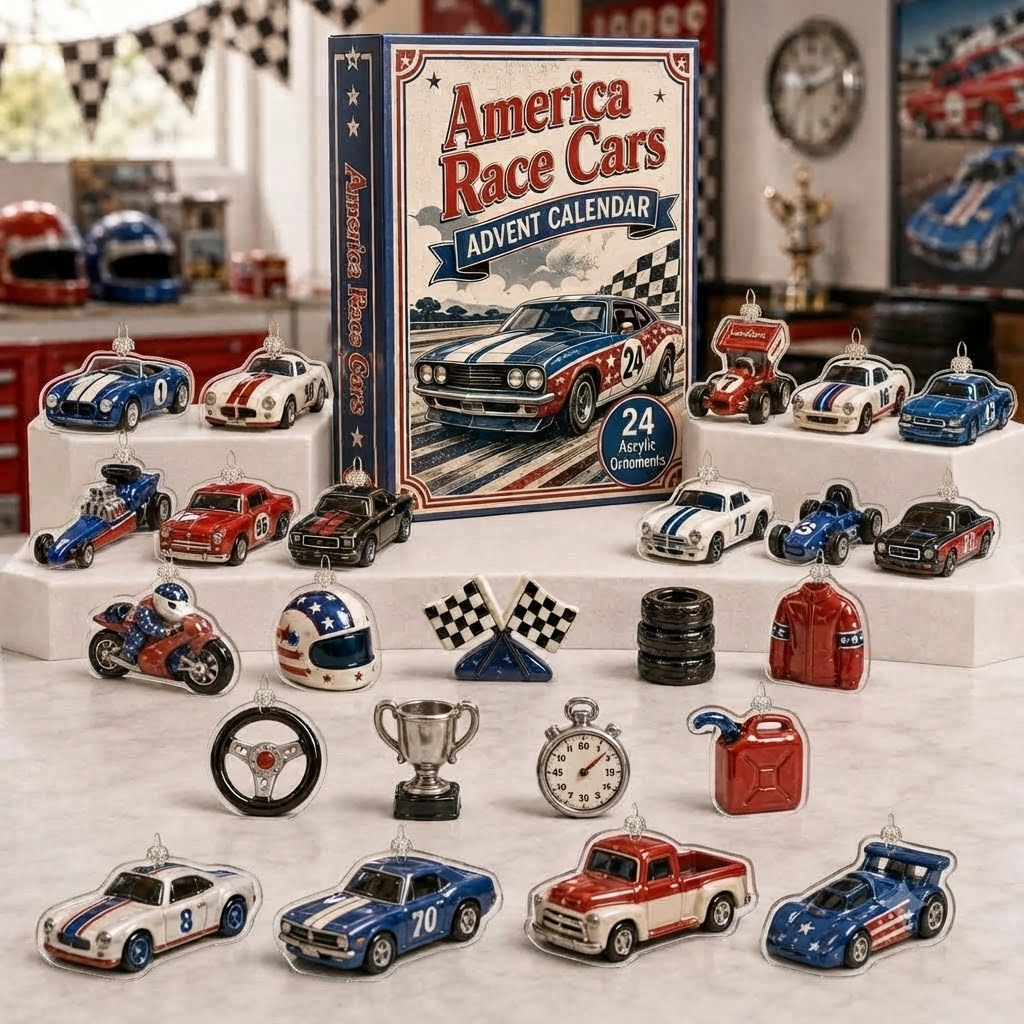America Race Cars Advent Calendar 2026 - 24-Day Festive Countdown, Acrylic Charms Blind Box