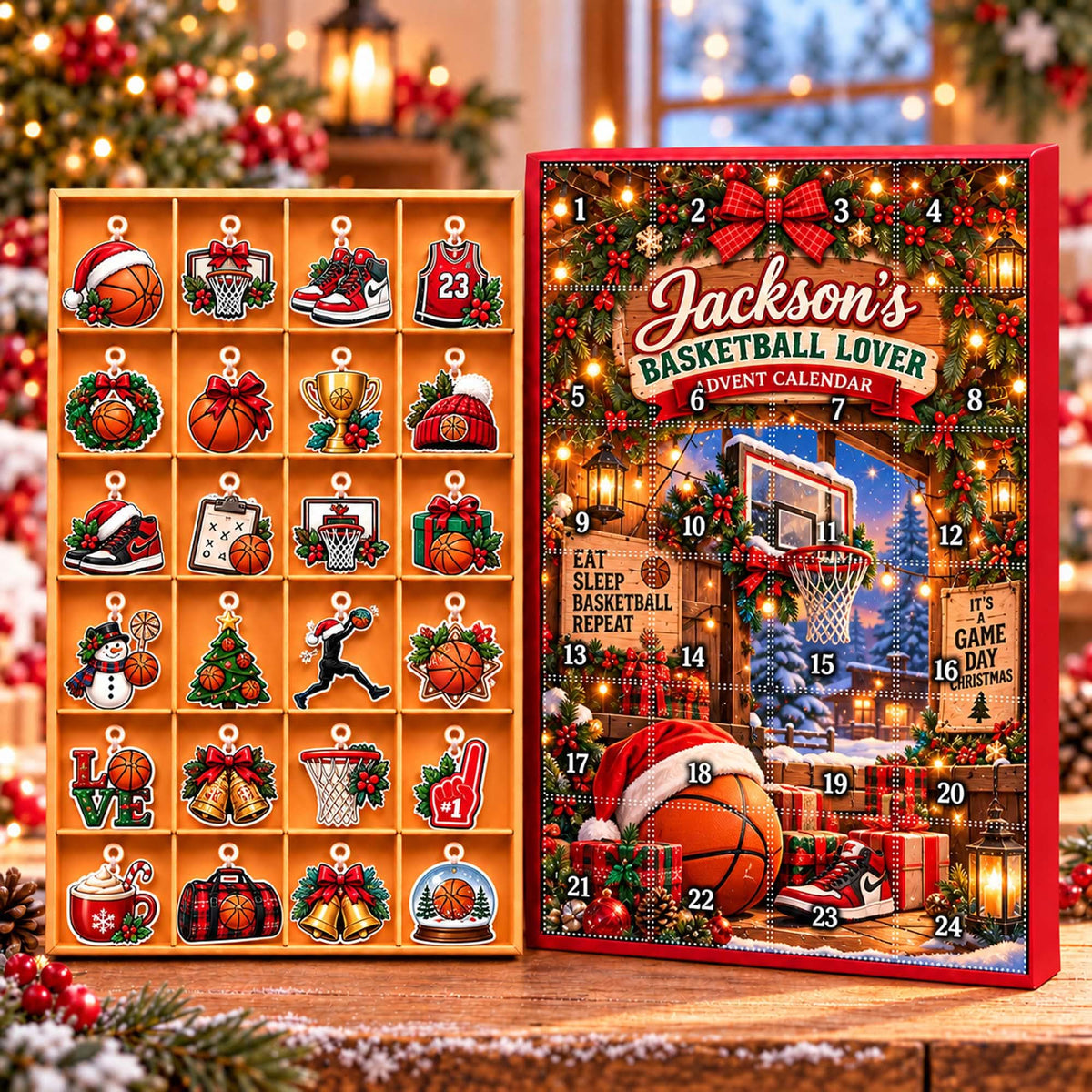 Basketball Christmas Advent Calendar Personalized, Custom Basketball Blind Box, 24 Day Christmas Countdown with Basketball Ornament Set