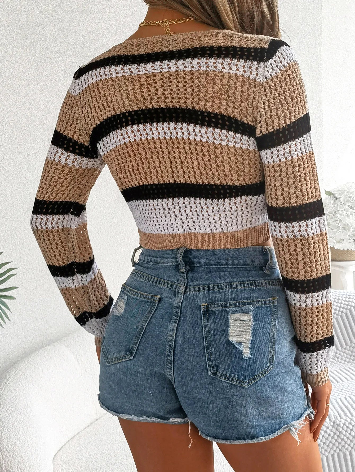 Striped Hollow Out Lace-Up Cropped Knit Cardigan