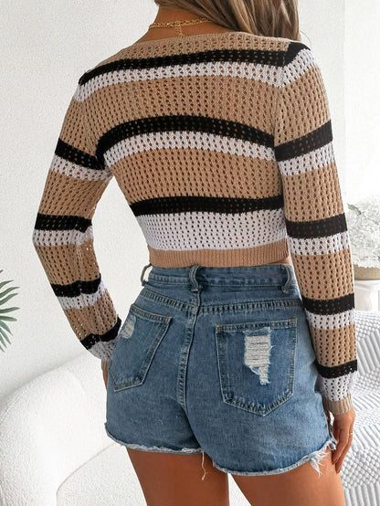 Striped Hollow Out Lace-Up Cropped Knit Cardigan