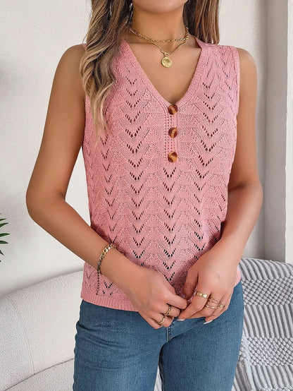 V-Neck Button Hollow Out Sleeveless Knit Vacation Top