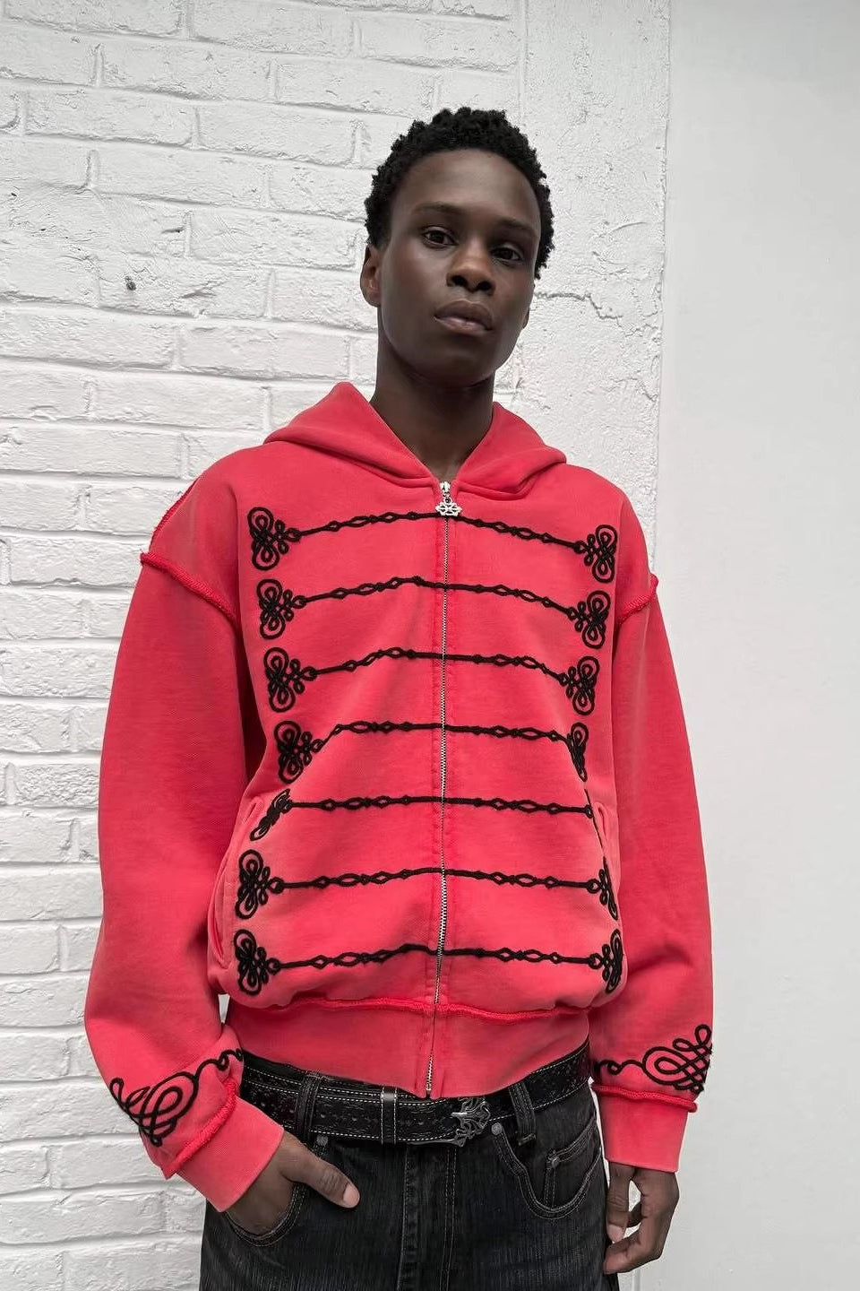 Embroidered Loop-Detail Pullover Hoodie