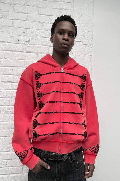 Embroidered Loop-Detail Pullover Hoodie