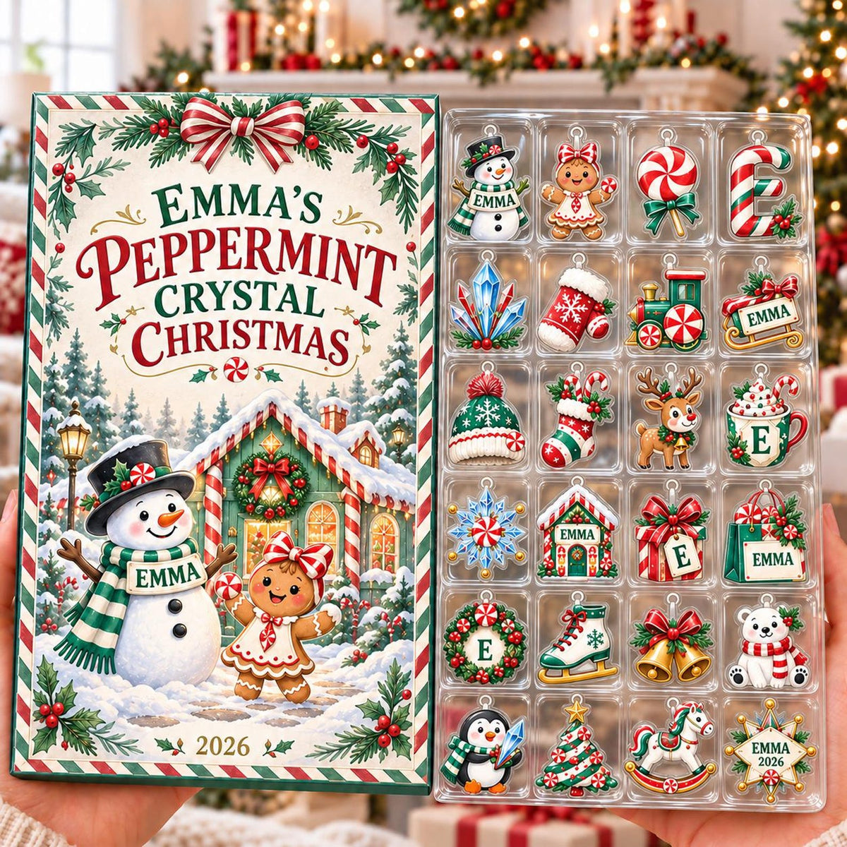 Personalized Advent Calendar 2026 for Kids, Peppermint Christmas Countdown, Custom Name Ornaments, Stocking Stuffer Gift for Girls and Teens