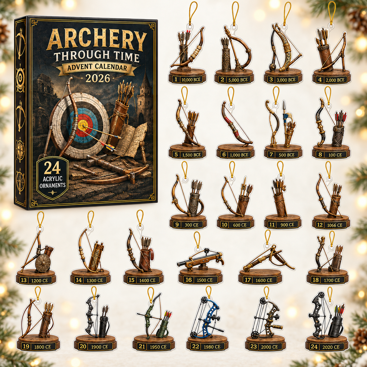 Archery Through Time Advent Calendar 2026 - 24-Day Festive Countdown, Acrylic Charms Blind Box - Gift For Archery Lovers