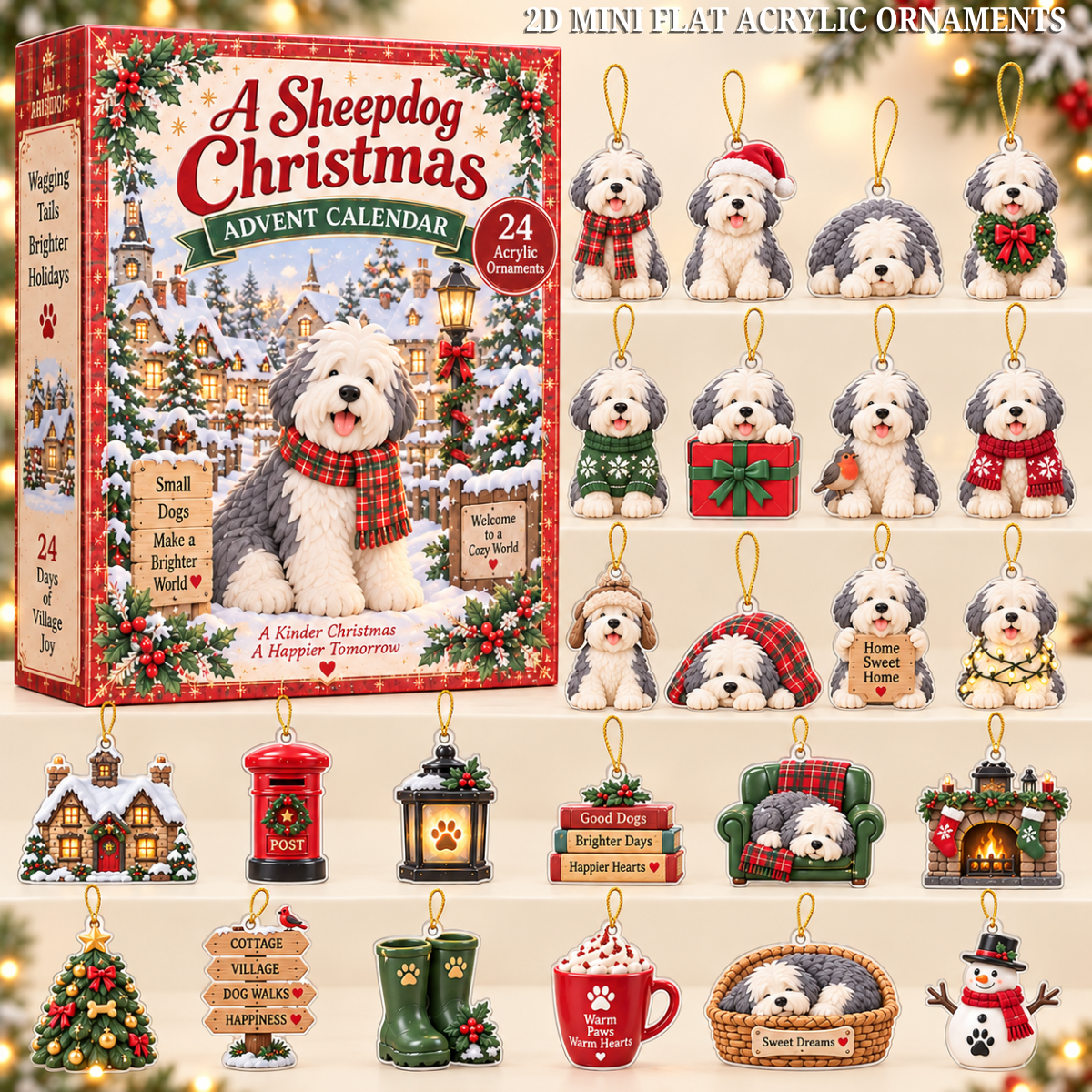 A Sheepdog Christmas Advent Calendar 2026 - 24-Day Festive Countdown, Acrylic Charms Blind Box - Gift For Old English Sheepdog Lovers