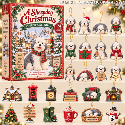 A Sheepdog Christmas Advent Calendar 2026 - 24-Day Festive Countdown, Acrylic Charms Blind Box - Gift For Old English Sheepdog Lovers