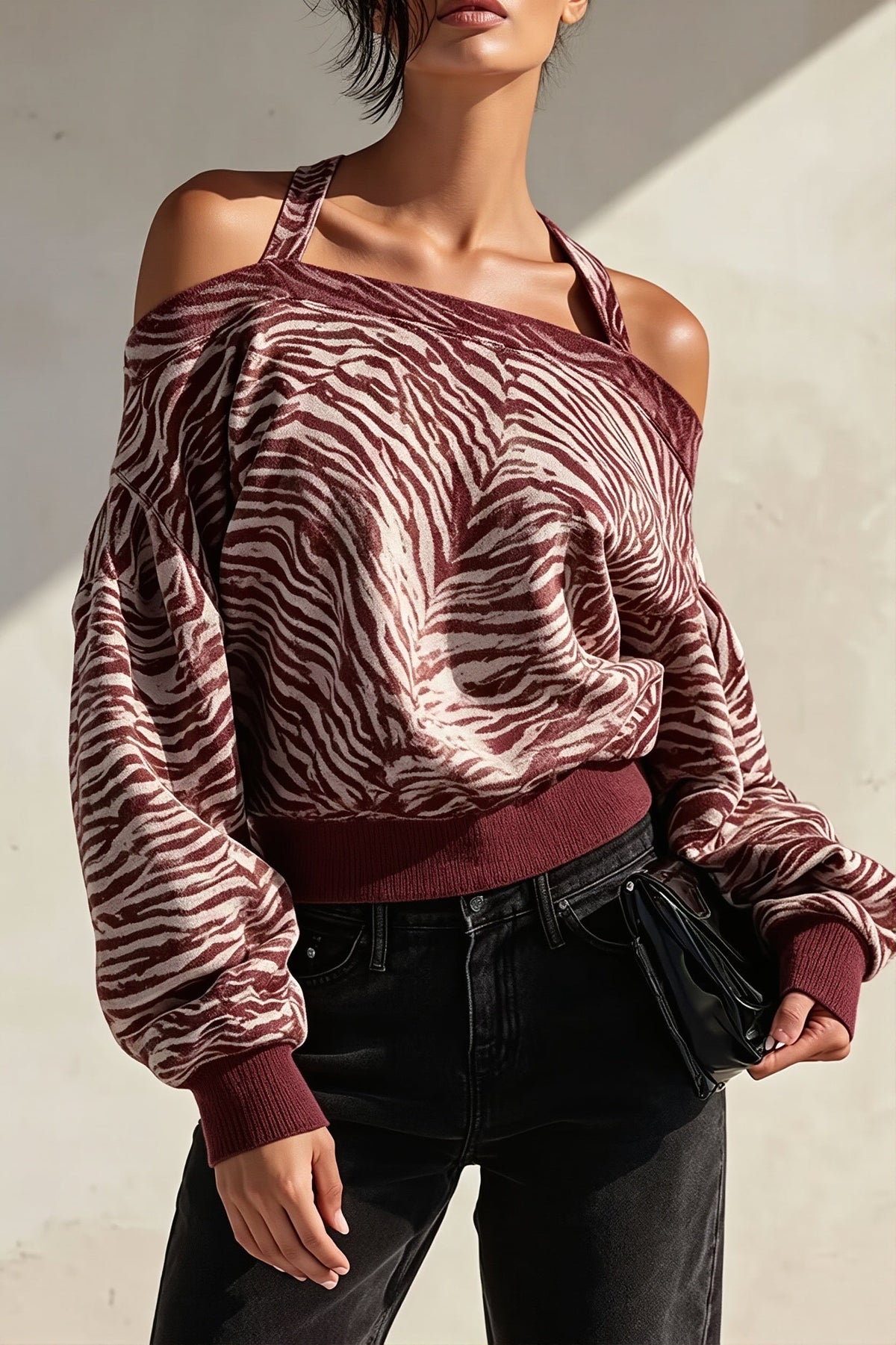 Zebra Print Off Shoulder Sweatshirt