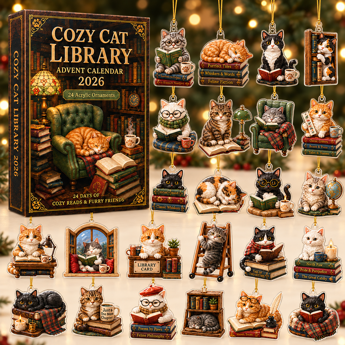 Cozy Cat Library Advent Calendar 2026 - 24-Day Festive Countdown, Acrylic Charms Blind Box - Gift For Reading Lovers