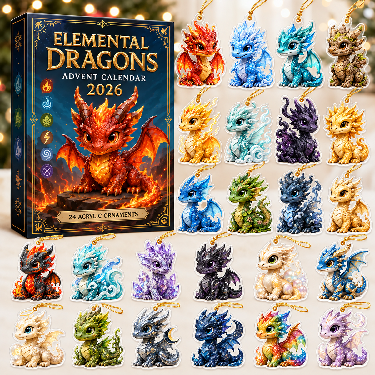 Elemental Dragons Advent Calendar 2026 - 24-Day Festive Countdown, Acrylic Charms Blind Box - Gift For Dragon Lovers