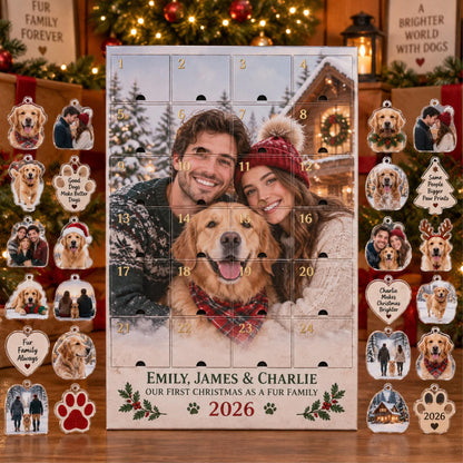 Personalized Fur Family Advent Calendar with 24 Custom Photo Acrylic Ornaments, Couple and Dog Christmas Gift, Pet Parent Keepsake for Two