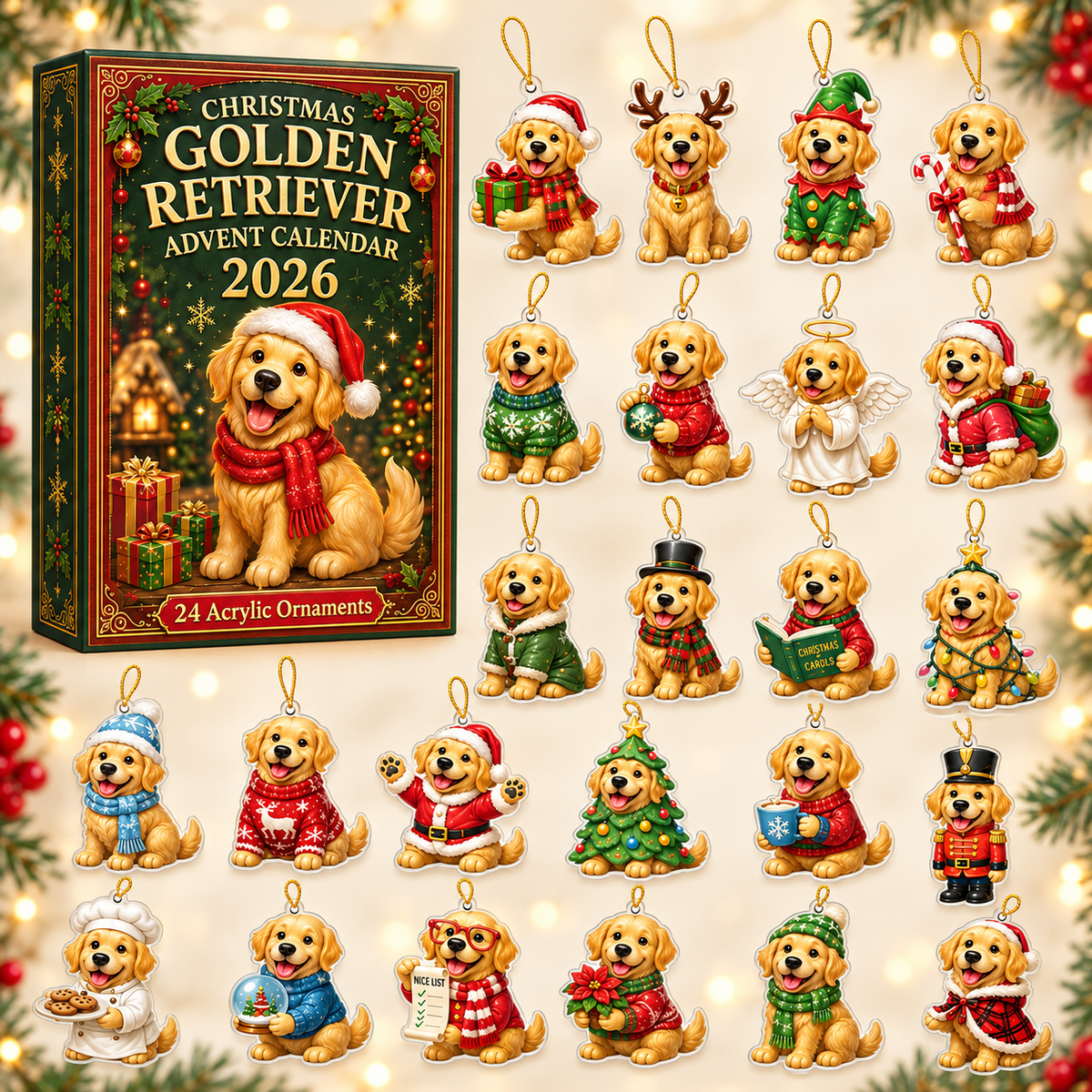 Xmas Golden Retriever Cosplay Advent Calendar 2026 - 24-Day Festive Countdown, Acrylic Charms Blind Box - Gift For Golden Retriever Lovers