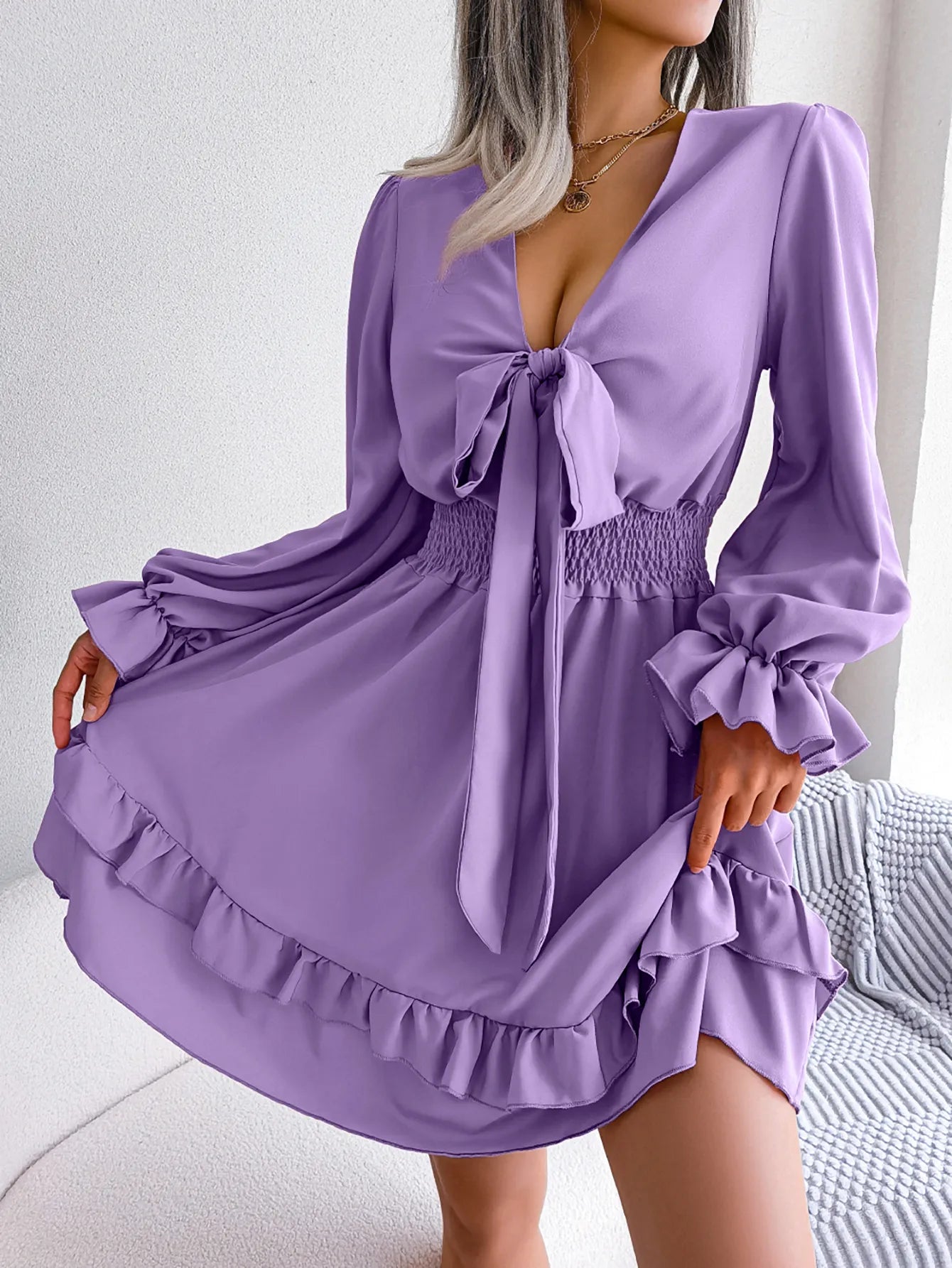 Women's Casual Tie Waist Ruffle Trim Flowy Dress