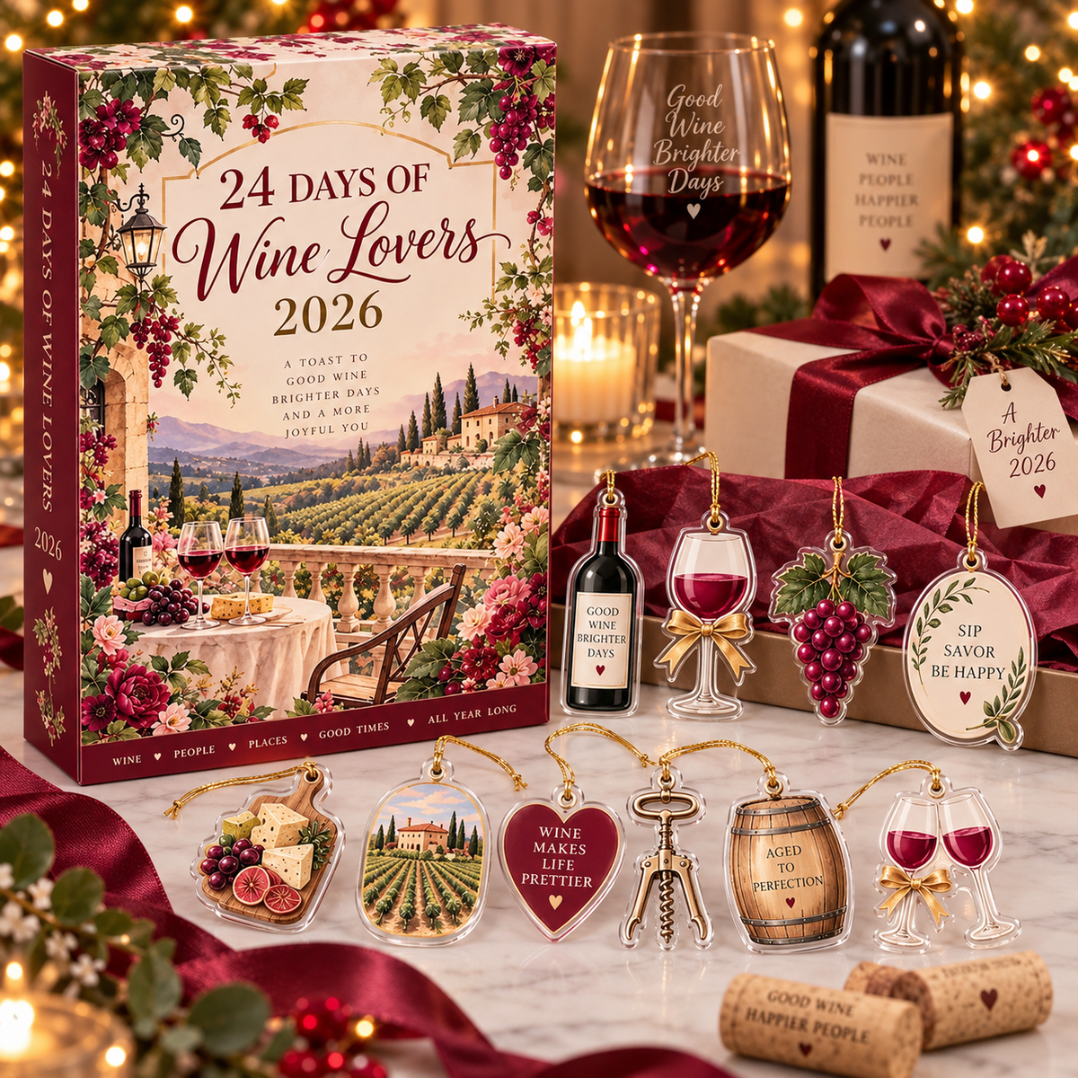 Wine Lovers Advent Calendar 2026, 24 Day Xmas Countdown, Wine Ornaments, Vineyard Holiday Gift, Sommelier Gift for Women, Wine Lover Decor