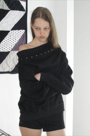 Studded Off Shoulder Long Sleeve Sweatshirt