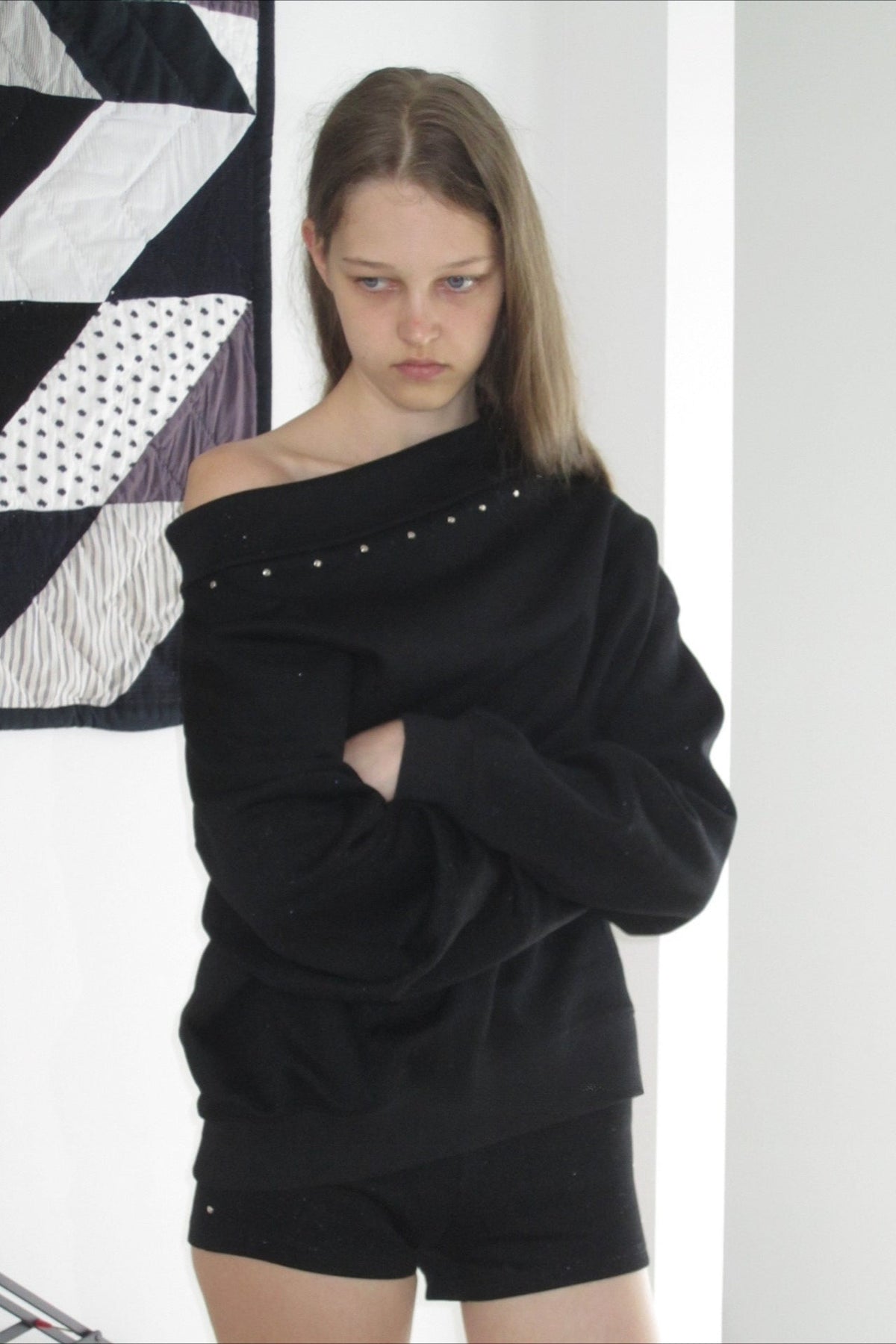 Studded Off Shoulder Long Sleeve Sweatshirt