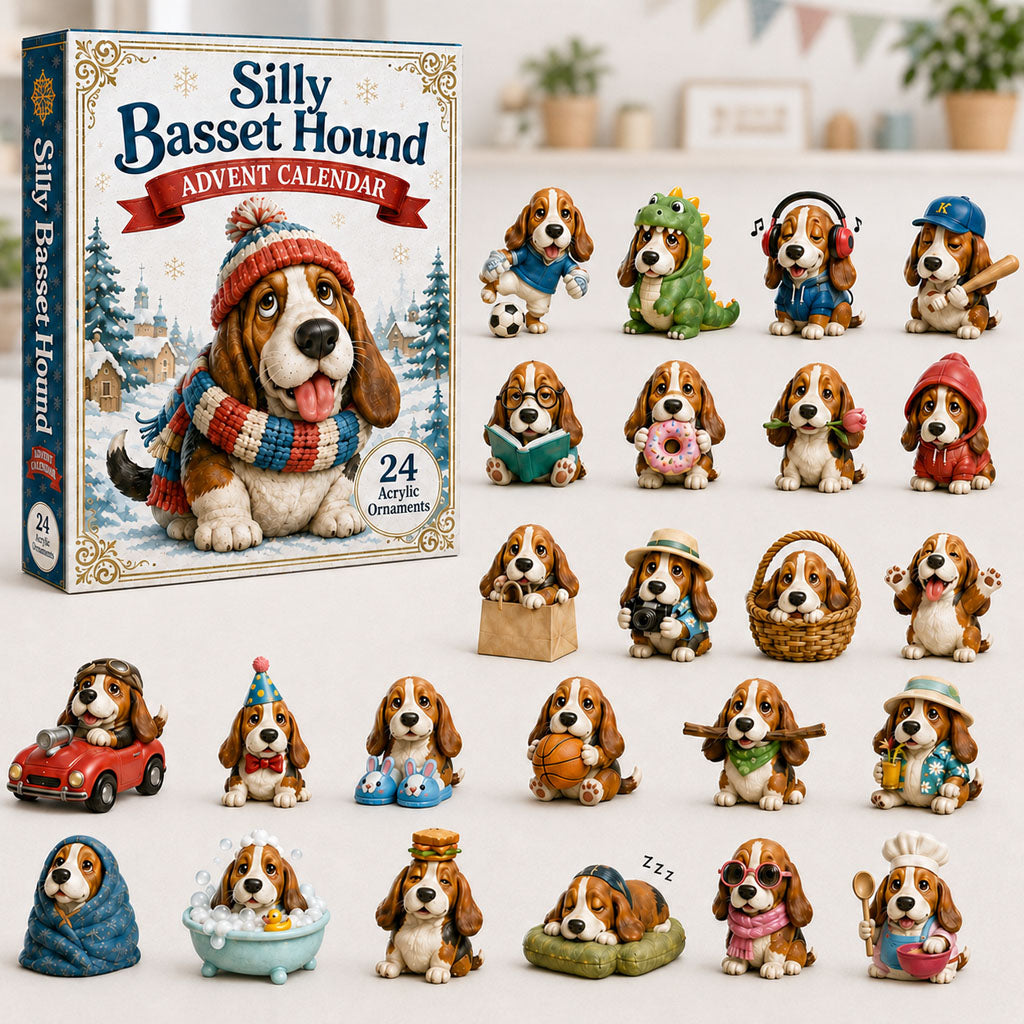 Silly Basset Hound Advent Calendar 2026 - 24-Day Festive Countdown, Acrylic Charms Blind Box - Gift For Basset Hound Lovers