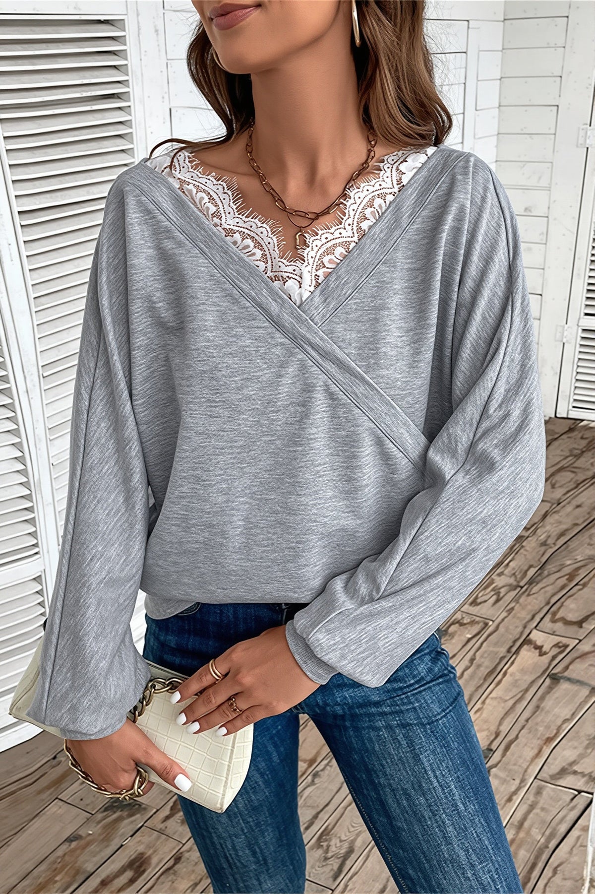Lace Trim Wrap Neck Pullover Sweatshirt