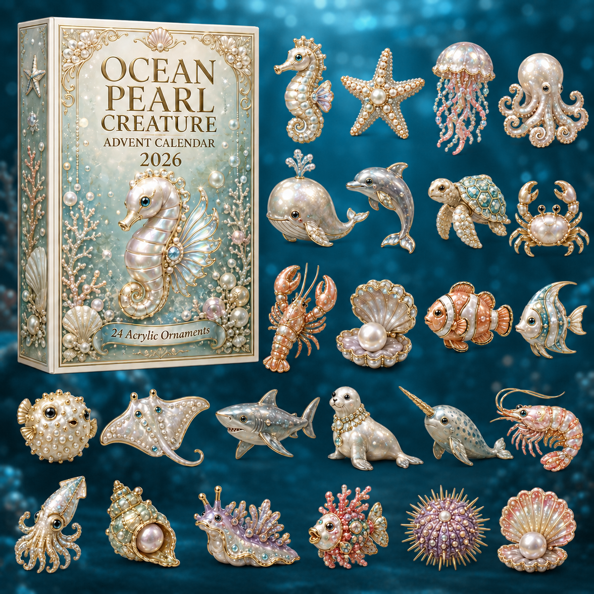 Ocean Pearl Treasures Advent Calendar 2026 - 24-Day Festive Countdown, Acrylic Charms Blind Box - Gift For Ocean Lovers