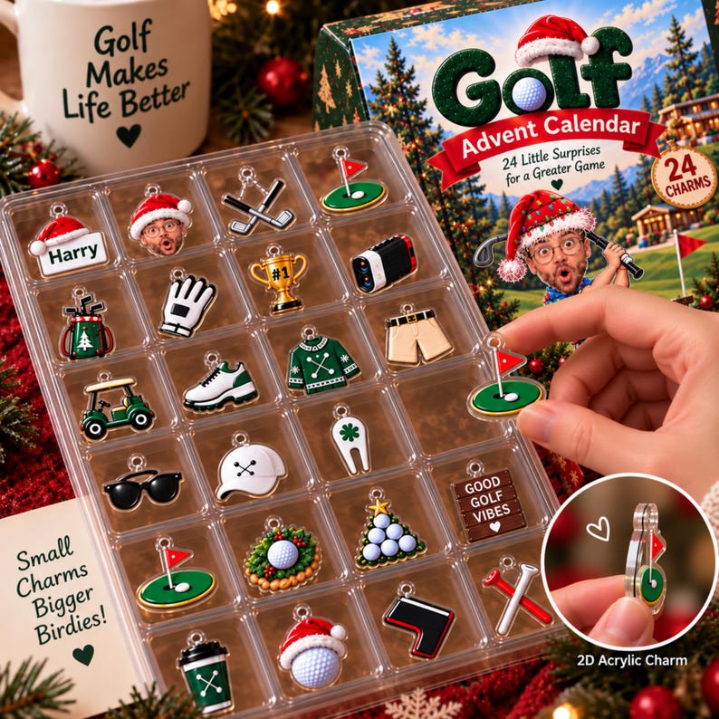 Golf Advent Calendar, Personalized Christmas Gift for Golfer, Custom Name Photo Keychain, 24 Day Gift for Dad Husband Boyfriend Golf Lover