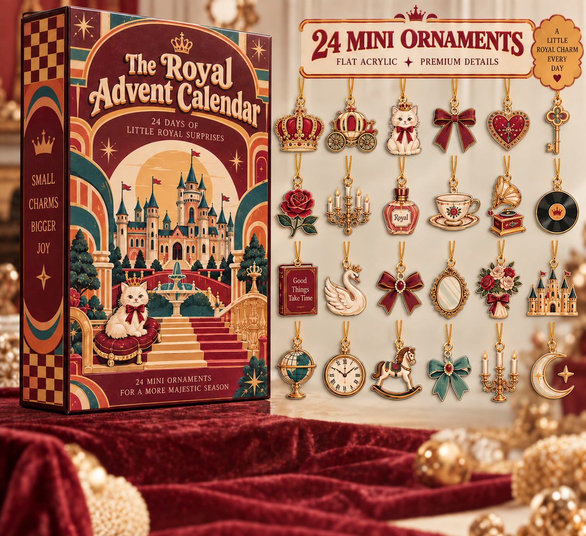 The Royal Advent Calendar – 24 Mini Acrylic Ornament Charms, 24 Days of Royal Surprises, Princess Castle Christmas Countdown Gift