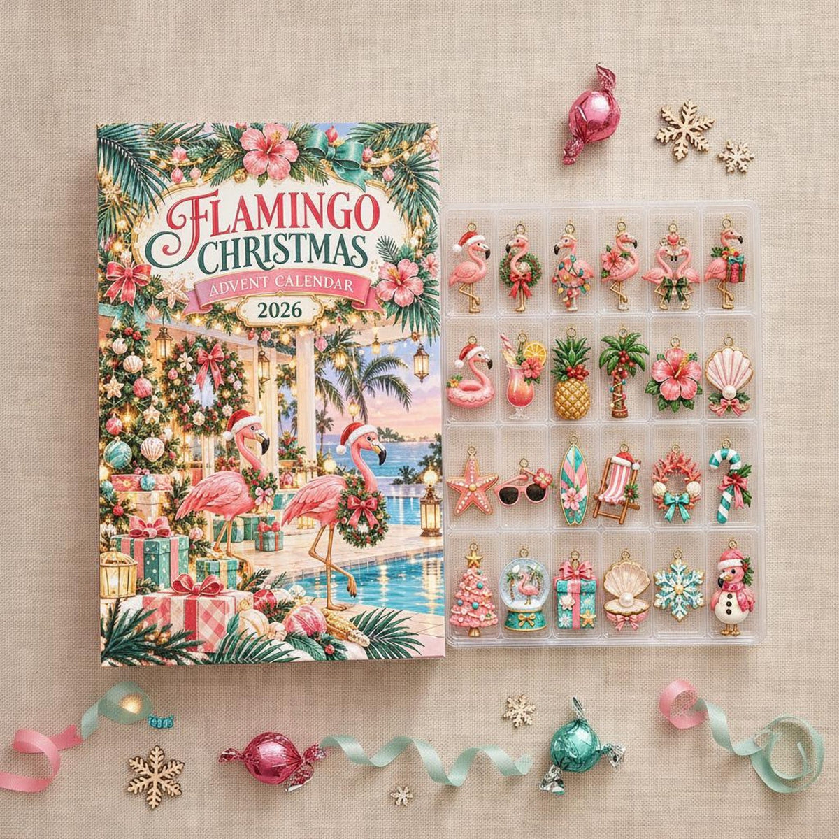 Flamingo Christmas Advent Calendar 2026, 24 Day Tropical Holiday Countdown, Pink Flamingo Ornaments, Beach Lover Gift, Coastal Xmas Decor