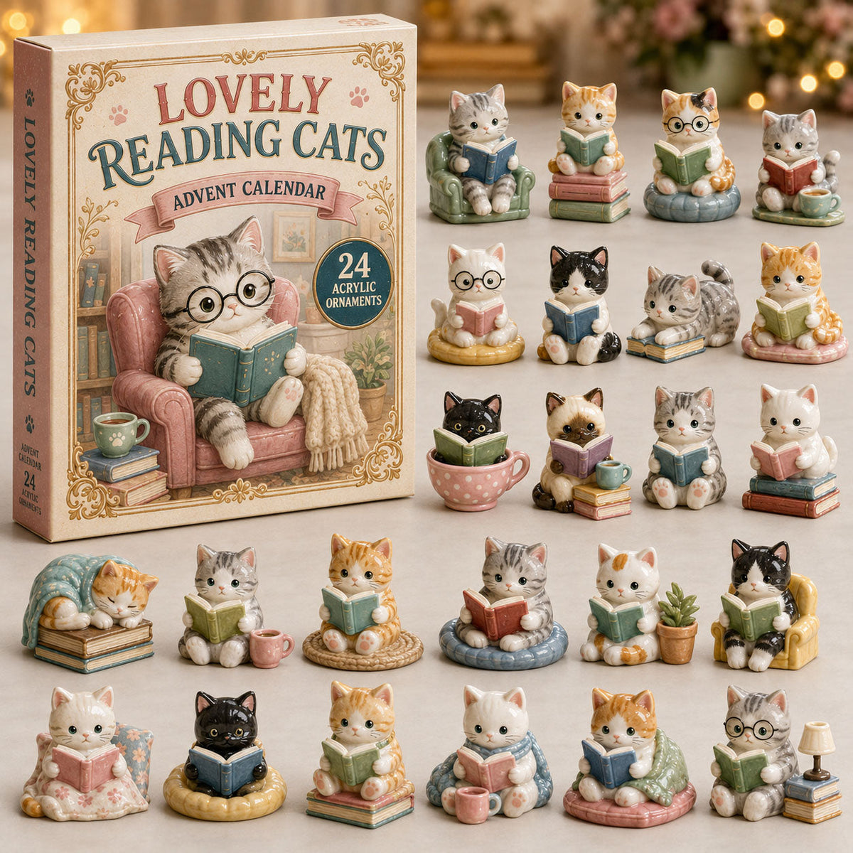 Bookish Cats Advent Calendar 2026 - 24-Day Festive Countdown, Acrylic Charms Blind Box - Gift For Cat Lovers