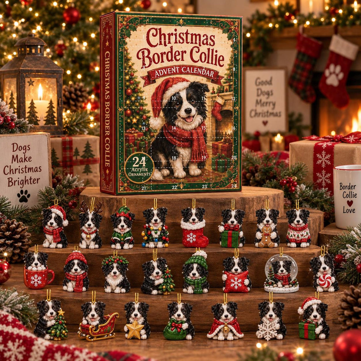 Border Collie Christmas Advent Calendar, 24 Acrylic Dog Ornaments (Blind Box)