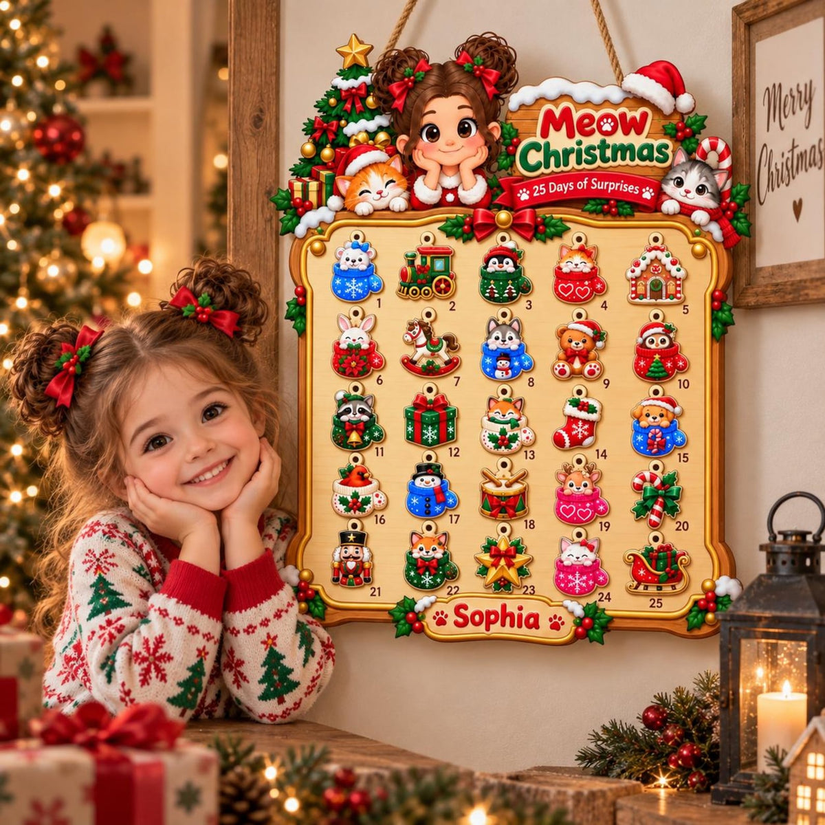 Personalized Wooden Advent Calendar: Custom Name, Photo Meow Christmas Countdown Sign, Hanging Wall Decor