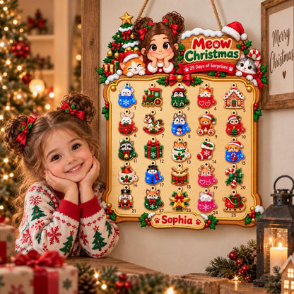 Personalized Wooden Advent Calendar: Custom Name, Photo Meow Christmas Countdown Sign, Hanging Wall Decor