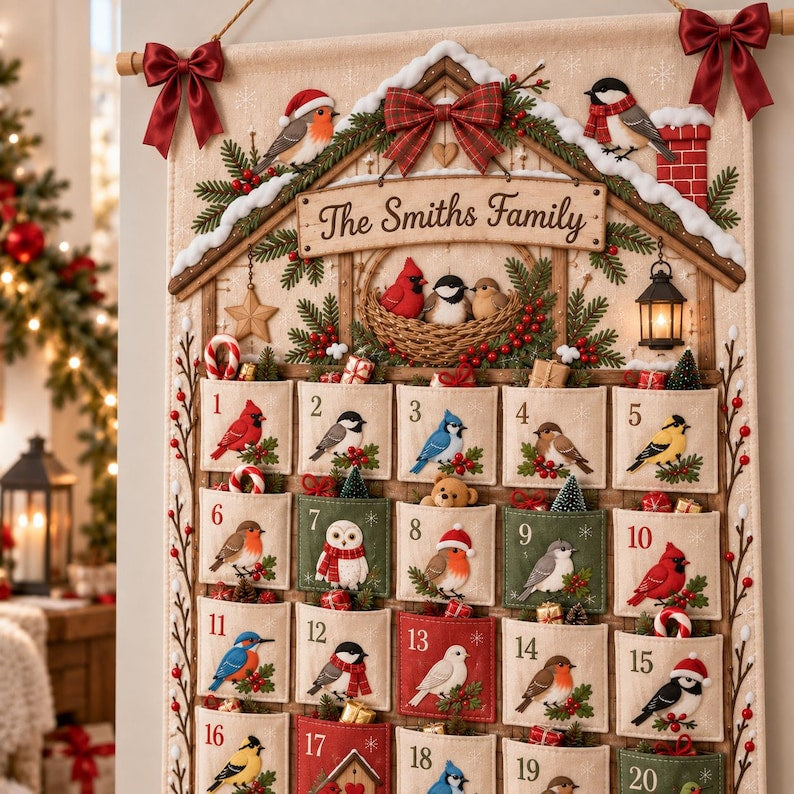 Personalized Bird Christmas Fabric Advent Calendar, 25 Day Pocket Countdown, Custom Family Name Quilted Wall Hanging, Bird Lover Xmas Decor