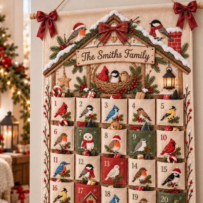 Personalized Bird Christmas Fabric Advent Calendar, 25 Day Pocket Countdown, Custom Family Name Quilted Wall Hanging, Bird Lover Xmas Decor