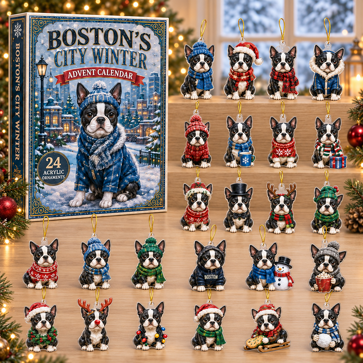 Boston's City Winter Advent Calendar 2026 - 24-Day Festive Countdown, Acrylic Charms Blind Box - Gift For Dog Lovers