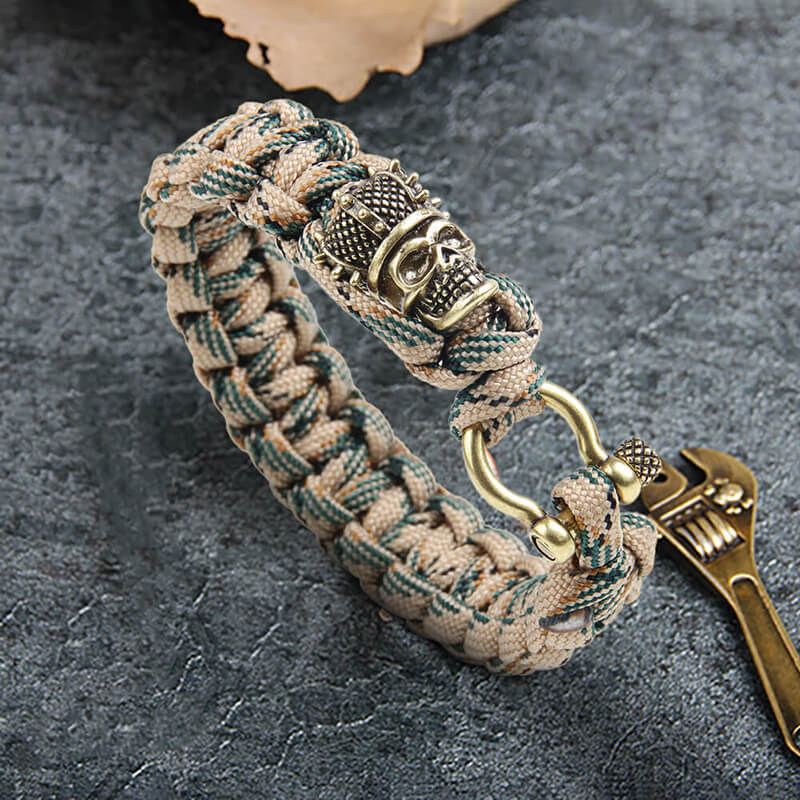 Camo Skull Head Braided Paracord Brass Bracelet
