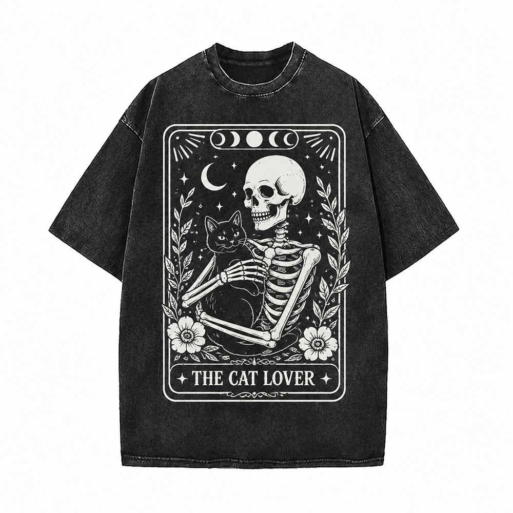 Cat Lover Skeleton Tarot Card Vintage Washed T-shirt