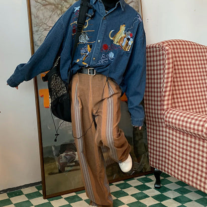 Cat Embroidery Vintage Style Denim Shirt